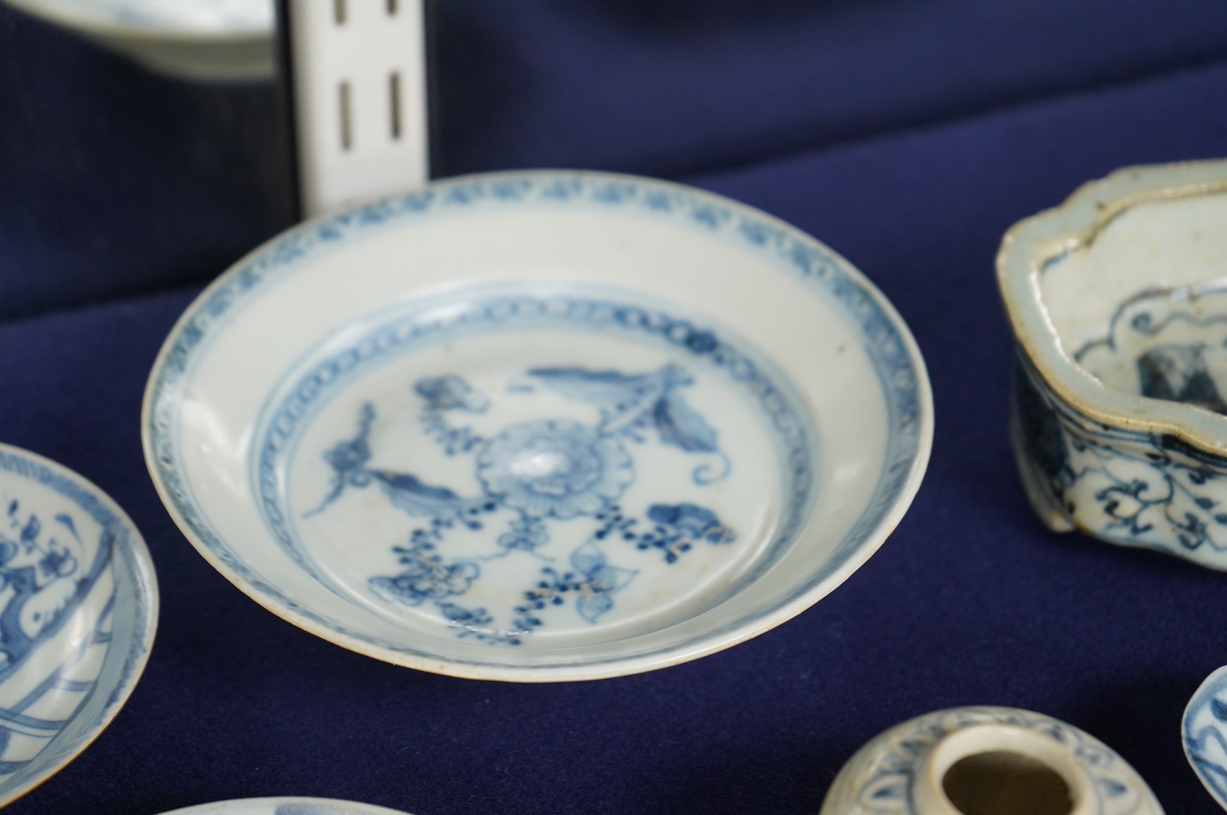 A group of Chinese and Annamese blue and white shipwreck ceramics, 16th–19th century together with a Ming style blue and white censer, largest- 12.5cm wide